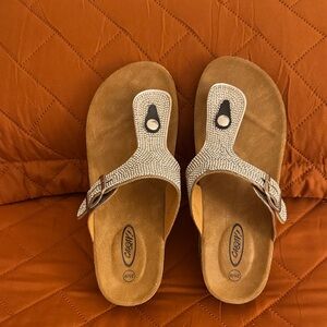 Crystal-Embellished Tan Suede Thong Sandals
